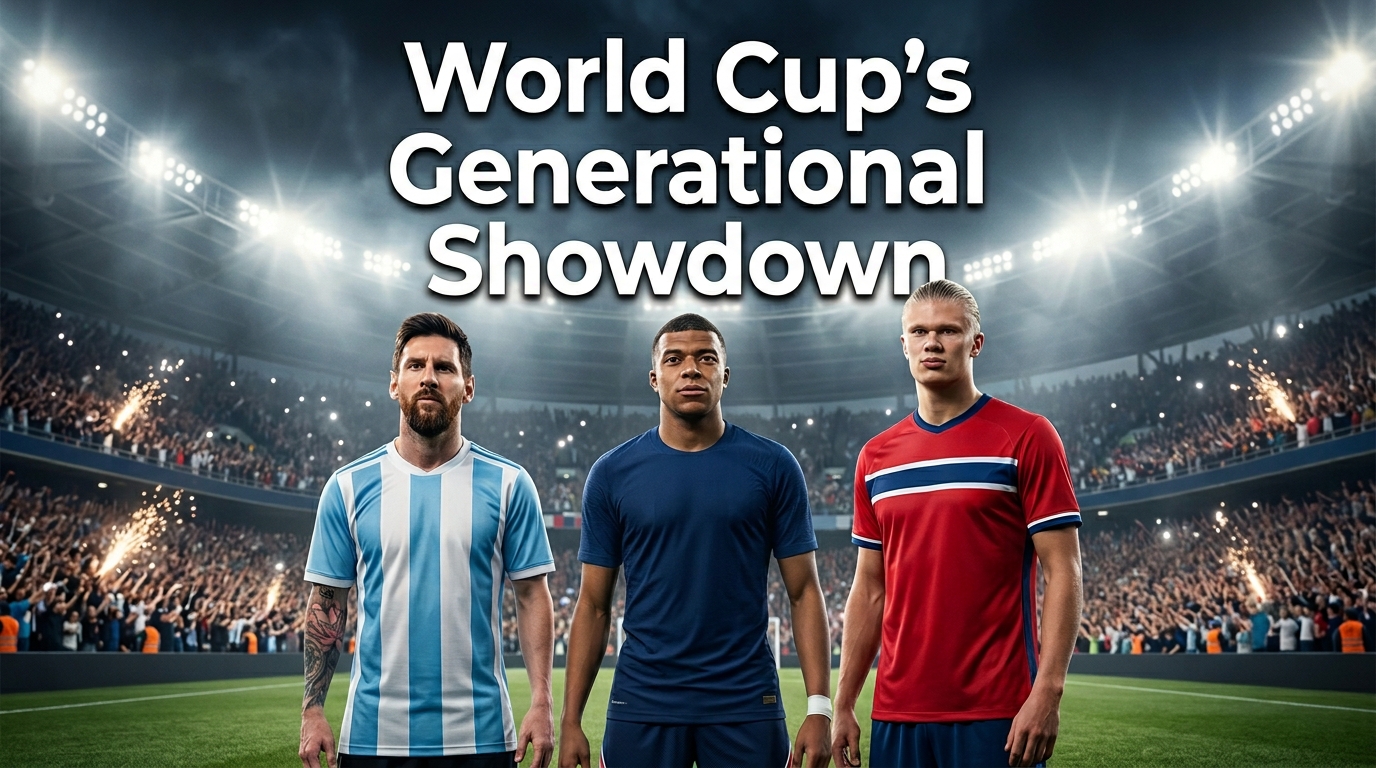World Cup Messi Mbappé Haaland feature image showing three football superstars under stadium lights during a generational tournament showdown.