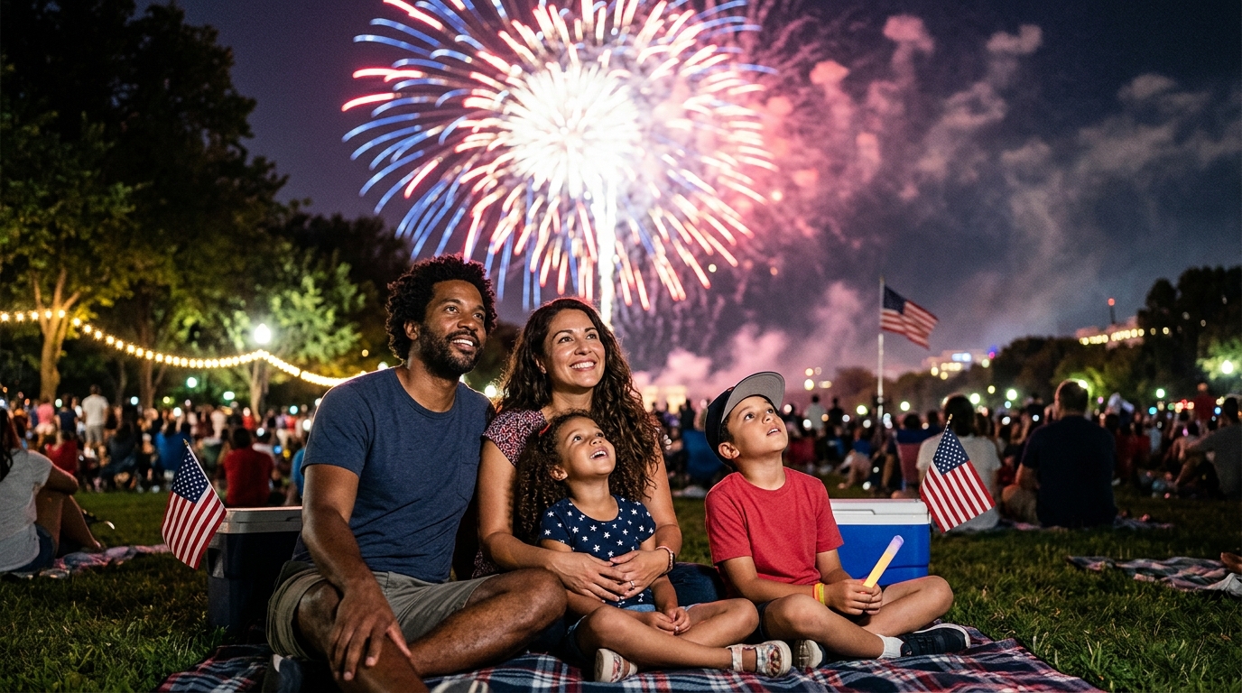 Independence Day 2026 fireworks celebration in a U.S. public park