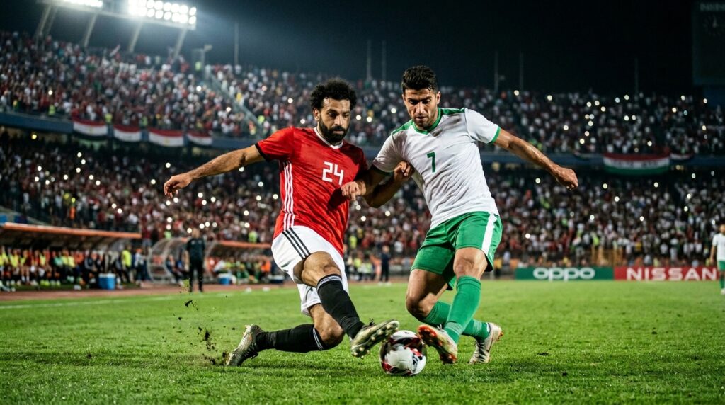 A soccer match preview image showing Egypt and Iran players challenging for the ball during an international football match.